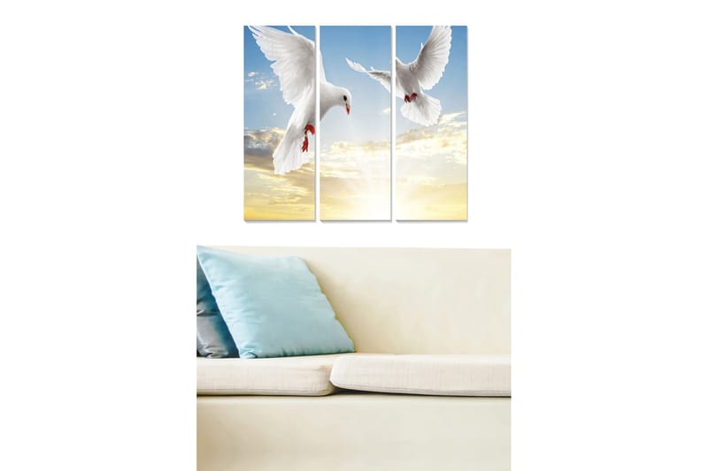 Canvastavla i trä 3-delar 50x70 cm - Två vita duvor i flykt mot en ljus himmel, Vit / Blå / Gul