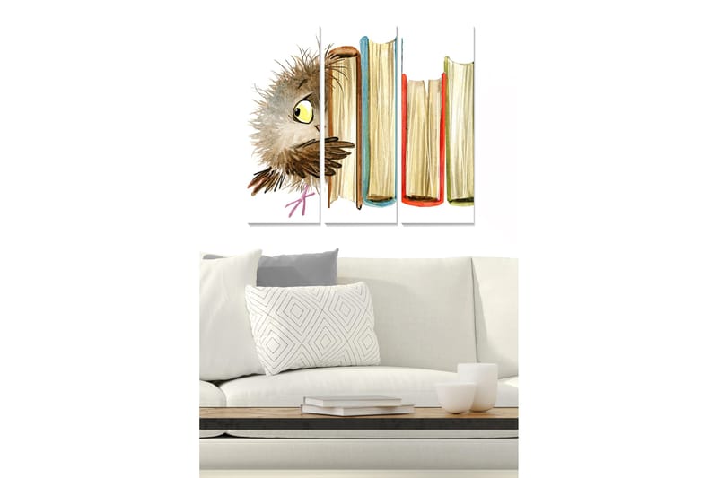 Canvastavla i trä 3-delar 50x70 cm - Uggla som kikar fram bakom böcker, Brun / Gul / Röd