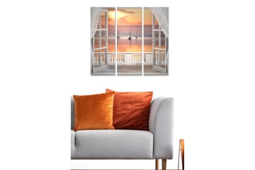 Canvastavla i trä 3-delar 50x70 cm - Utsikt genom ett öppet fönster med segelbåtar i solnedgången - Orange / Ljusblå / Vit - Inredning - Tavlor & posters - Canvastavla