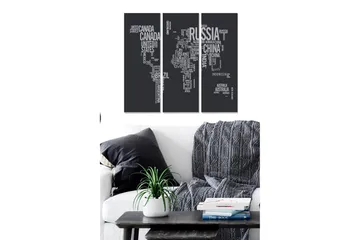 Canvastavla i trä 3-delar 50x70 cm - Världskarta i typografisk stil med länder i olika storlekar - Svart / Vit - Inredning - Tavlor & posters - Canvastavla