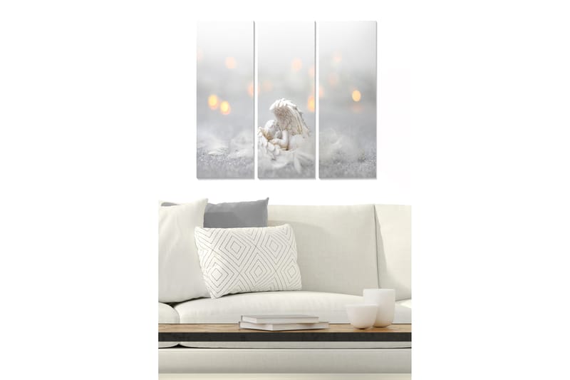 Canvastavla i trä 3-delar 50x70 cm - Vacker ängel som håller ett barn i en drömmande miljö, Vit / Grå / Guld