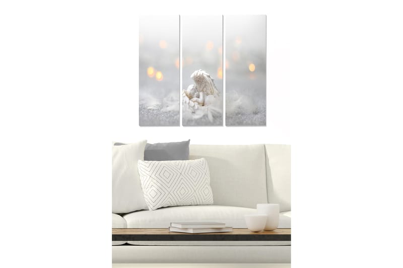 Canvastavla i trä 3-delar 50x70 cm - Vacker ängel som håller ett barn i en drömmande miljö, Vit / Grå / Guld