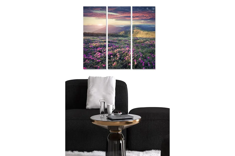 Canvastavla i trä 3-delar 50x70 cm - Vacker blomsteräng med färgglada blommor och fjärran berg i solnedgången, Lila / Grön / Orange