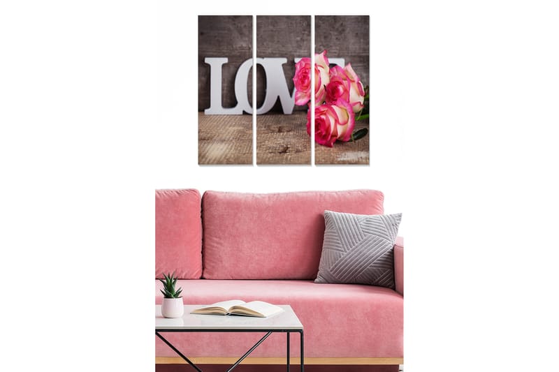 Canvastavla i trä 3-delar 50x70 cm - Vacker bukett av rosor med texten LOVE i bakgrunden, Rosa / Grön / Vit