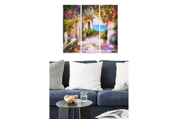 Canvastavla i trä 3-delar 50x70 cm - Vacker gränd med blommande växter och havsutsikt - Lila / Grön / Rosa - Inredning - Tavlor & posters - Canvastavla