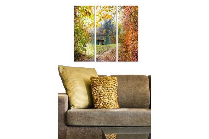 Canvastavla i trä 3-delar 50x70 cm - Vacker höstlandskap med en bänk vid en spegelblanka sjö, Grön / Orange / Gul