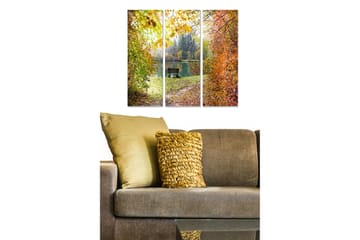 Canvastavla i trä 3-delar 50x70 cm - Vacker höstlandskap med en bänk vid en spegelblanka sjö - Grön / Orange / Gul - Inredning - Tavlor & posters - Canvastavla