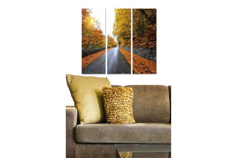 Canvastavla i trä 3-delar 50x70 cm - Vacker höstlandskap med en väg omgiven av färgglada träd och fallna löv, Orange / Guld / Grön