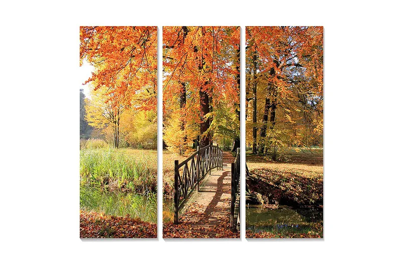 Canvastavla i trä 3-delar 50x70 cm - Vacker höstlandskap med färgglada träd och en bro över en stilla vattenyta, Orange / Gult / Grönt