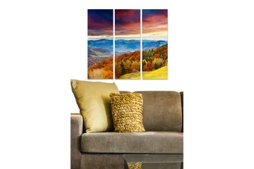 Canvastavla i trä 3-delar 50x70 cm - Vacker höstlandskap med färgglada träd och fjärran berg - Orange / Grön / Blå - Inredning - Tavlor & posters - Canvastavla