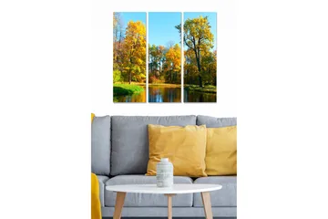 Canvastavla i trä 3-delar 50x70 cm - Vacker höstlandskap med färgglada träd vid en spegelblanka sjö - Gult / Grönt / Blått - Inredning - Tavlor & posters - Canvastavla