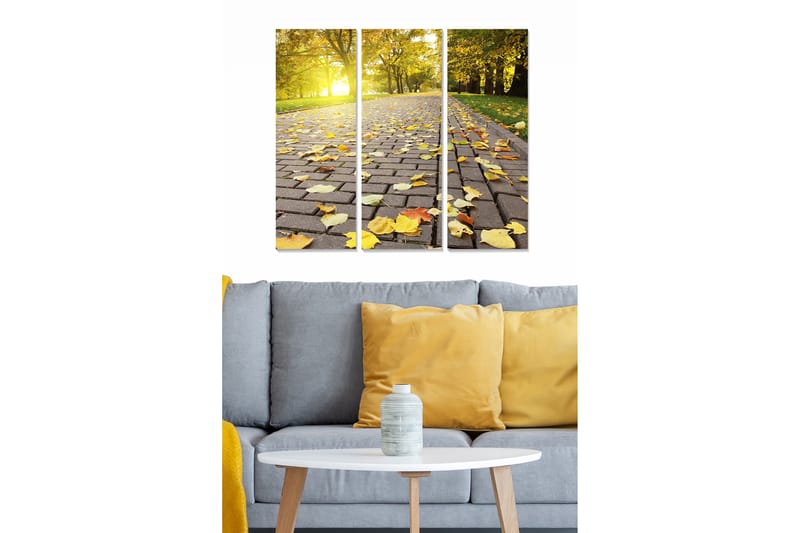 Canvastavla i trä 3-delar 50x70 cm - Vacker höstpromenad med gula löv på en stenlagd väg, Gult / Brunt / Grönt