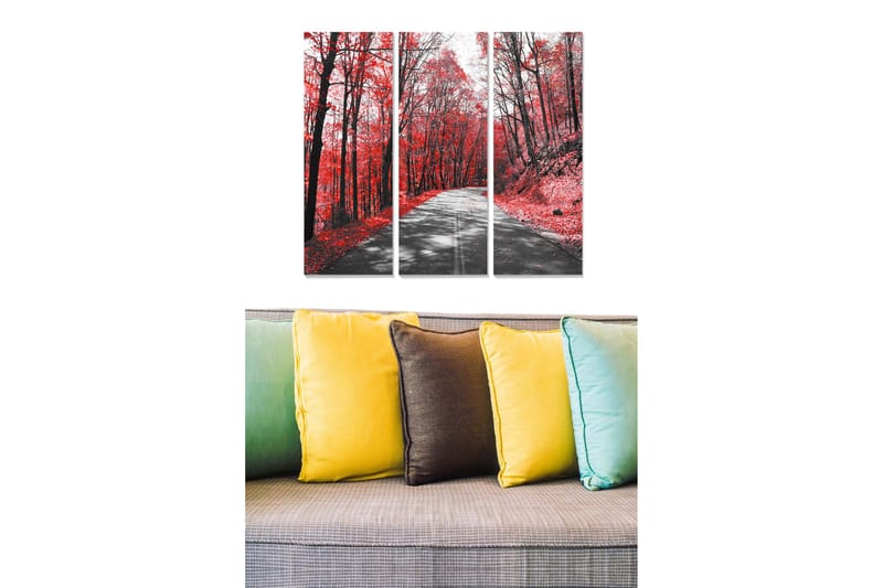 Canvastavla i trä 3-delar 50x70 cm - Vacker höstskog med röda löv och en väg som leder genom träden, Röd / Svart / Grå