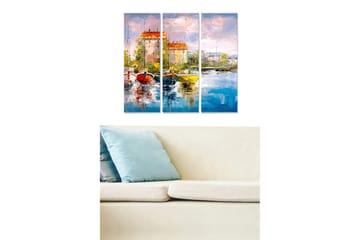 Canvastavla i trä 3-delar 50x70 cm - Vacker hamn med färgglada båtar och pittoreska byggnader vid vattnet - Blå / Röd / Gul - Inredning - Tavlor & posters - Canvastavla