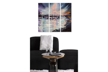 Canvastavla i trä 3-delar 50x70 cm - Vacker hamn med segelbåtar i solnedgångens ljus - Lila / Orange / Blå - Inredning - Tavlor & posters - Canvastavla