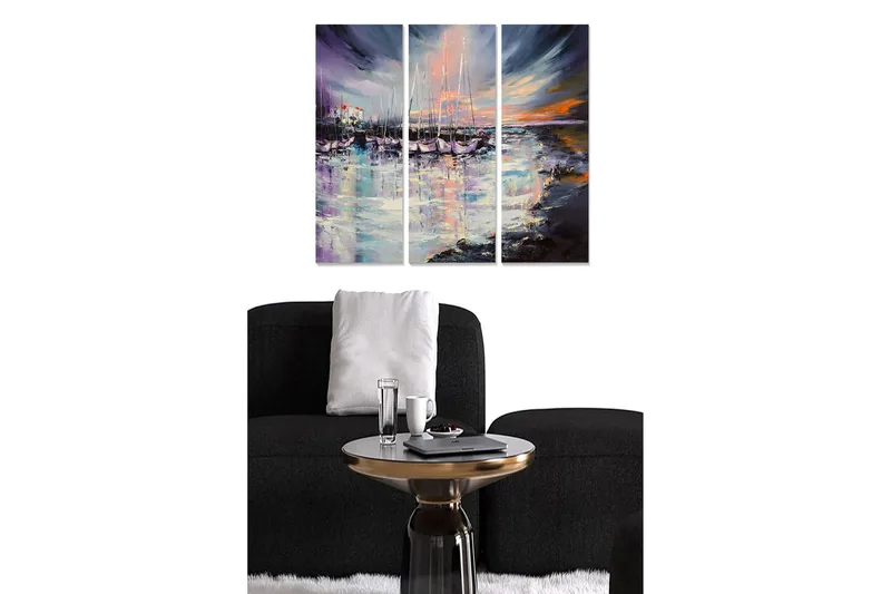 Canvastavla i trä 3-delar 50x70 cm - Vacker hamn med segelbåtar i solnedgångens ljus, Lila / Orange / Blå