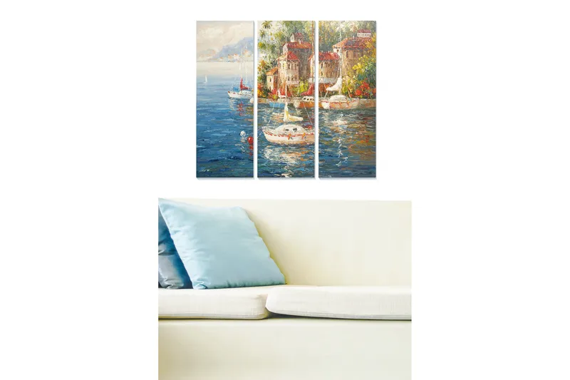 Canvastavla i trä 3-delar 50x70 cm - Vacker hamn med segelbåtar och färgglada byggnader vid vattnet, Blå / Grön / Röd