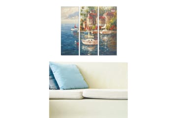 Canvastavla i trä 3-delar 50x70 cm - Vacker hamn med segelbåtar och färgglada byggnader vid vattnet - Blå / Grön / Röd - Inredning - Tavlor & posters - Canvastavla