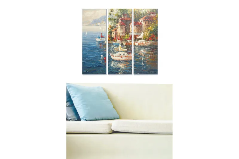 Canvastavla i trä 3-delar 50x70 cm - Vacker hamn med segelbåtar och färgglada byggnader vid vattnet, Blå / Grön / Röd