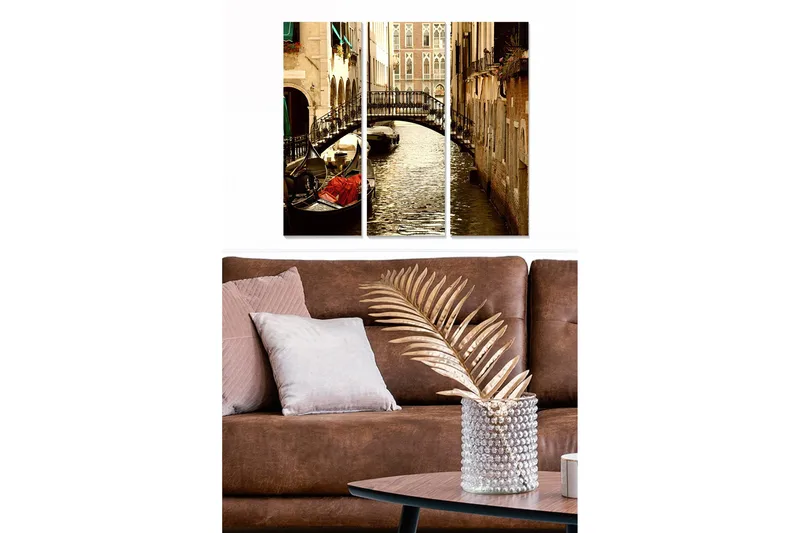 Canvastavla i trä 3-delar 50x70 cm - Vacker kanal med gondol och bro i en venetiansk miljö, Brun / Guld / Grön
