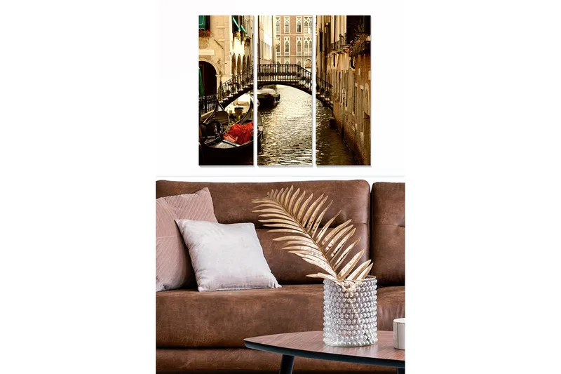 Canvastavla i trä 3-delar 50x70 cm - Vacker kanal med gondol och bro i en venetiansk miljö, Brun / Guld / Grön