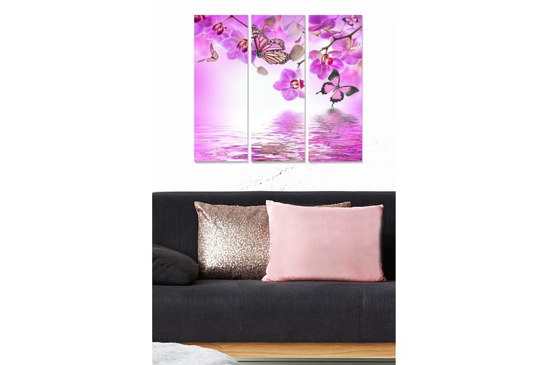 Canvastavla i trä 3-delar 50x70 cm - Vacker komposition av fjärilar och orkidéer i rosa nyanser, Rosa / Lila / Vit