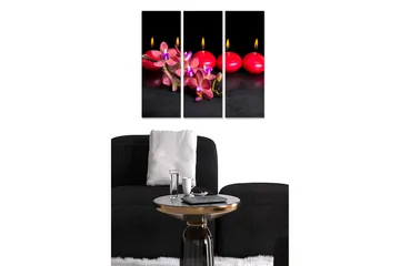 Canvastavla i trä 3-delar 50x70 cm - Vacker komposition av rosa orkidéer och röda ljus - Rosa / Röd / Svart - Inredning - Tavlor & posters - Canvastavla