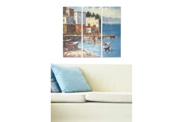 Canvastavla i trä 3-delar 50x70 cm - Vacker kustlandskap med båtar vid en färgglad hamn - Blå / Vit / Brun - Inredning - Tavlor & posters - Canvastavla