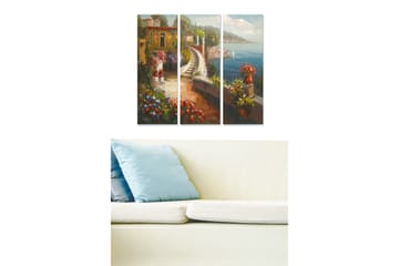 Canvastavla i trä 3-delar 50x70 cm - Vacker kustlandskap med blommor och en slingrande väg vid havet - Grön / Blå / Röd - Inredning - Tavlor & posters - Canvastavla
