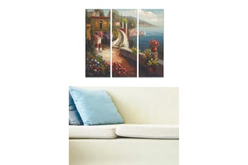 Canvastavla i trä 3-delar 50x70 cm - Vacker kustlandskap med blommor och en slingrande väg vid havet - Grön / Blå / Röd - Inredning - Tavlor & posters - Canvastavla