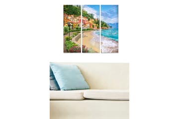Canvastavla i trä 3-delar 50x70 cm - Vacker kustlinje med färgglada hus och strand - Grön / Blå / Orange - Inredning - Tavlor & posters - Canvastavla