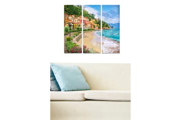 Canvastavla i trä 3-delar 50x70 cm - Vacker kustlinje med färgglada hus och strand - Grön / Blå / Orange - Inredning - Tavlor & posters - Canvastavla