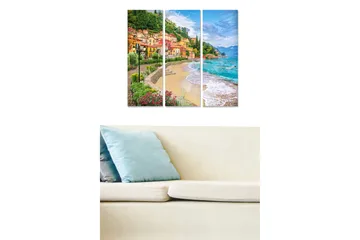 Canvastavla i trä 3-delar 50x70 cm - Vacker kustlinje med färgglada hus och strand - Grön / Blå / Orange - Inredning - Tavlor & posters - Canvastavla