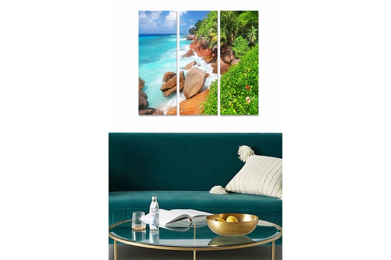 Canvastavla i trä 3-delar 50x70 cm - Vacker kustlinje med klippor och turkost hav, Turkos / Grön / Brun