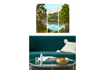 Canvastavla i trä 3-delar 50x70 cm - Vacker landskapsmålning med träd och spegelblanka sjöar - Grön / Blå / Brun - Inredning - Tavlor & posters - Canvastavla