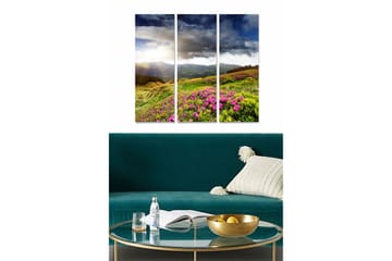Canvastavla i trä 3-delar 50x70 cm - Vacker landskapsvy med blommande ängar och fjärran berg - Grön / Rosa / Blå - Inredning - Tavlor & posters - Canvastavla