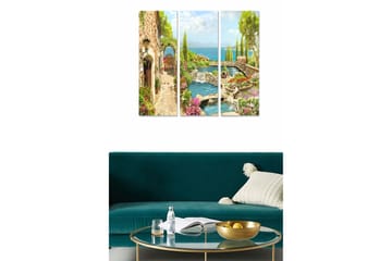 Canvastavla i trä 3-delar 50x70 cm - Vacker landskapsvy med en lugn vattenkälla och blomstrande omgivningar - Grön / Blå / Rosa - Inredning - Tavlor & posters - Canvastavla
