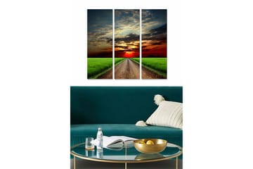 Canvastavla i trä 3-delar 50x70 cm - Vacker landskapsvy med en väg som leder mot en solnedgång över fält - Grön / Röd / Blå - Inredning - Tavlor & posters - Canvastavla