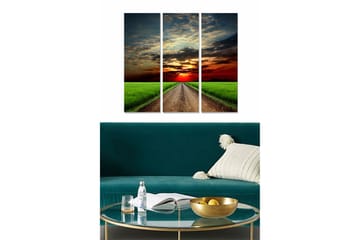 Canvastavla i trä 3-delar 50x70 cm - Vacker landskapsvy med en väg som leder mot en solnedgång över fält - Grön / Röd / Blå - Inredning - Tavlor & posters - Canvastavla