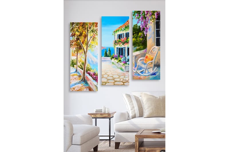 Canvastavla i trä 3-delar 50x70 cm - Vacker landskapsvy med färgglada blommor och en solig gata, Grön / Blå / Orange