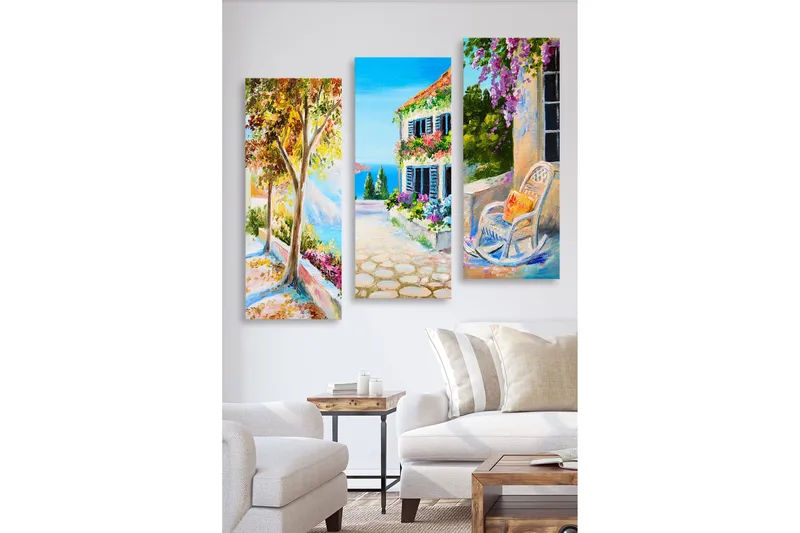 Canvastavla i trä 3-delar 50x70 cm - Vacker landskapsvy med färgglada blommor och en solig gata, Grön / Blå / Orange