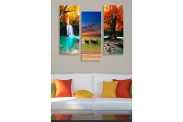 Canvastavla i trä 3-delar 50x70 cm - Vacker landskapsvy med fallande vatten och färgglada höstträd - Turkos / Orange / Röd - Inredning - Tavlor & posters - Canvastavla