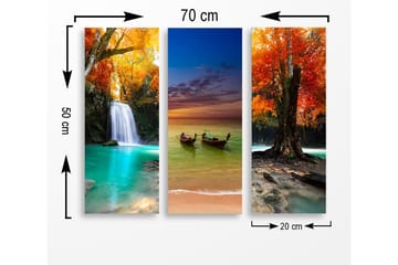 Canvastavla i trä 3-delar 50x70 cm - Vacker landskapsvy med fallande vatten och färgglada höstträd - Turkos / Orange / Röd - Inredning - Tavlor & posters - Canvastavla