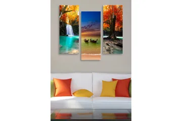 Canvastavla i trä 3-delar 50x70 cm - Vacker landskapsvy med fallande vatten och färgglada höstträd - Turkos / Orange / Röd - Inredning - Tavlor & posters - Canvastavla