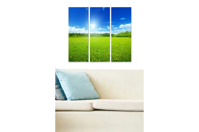 Canvastavla i trä 3-delar 50x70 cm - Vacker landskapsvy med gröna ängar och blå himmel, Grön / Blå / Gul