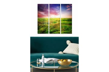 Canvastavla i trä 3-delar 50x70 cm - Vacker landskapsvy med grönskande ängar och dramatisk himmel - Grön / Blå / Lila - Inredning - Tavlor & posters - Canvastavla