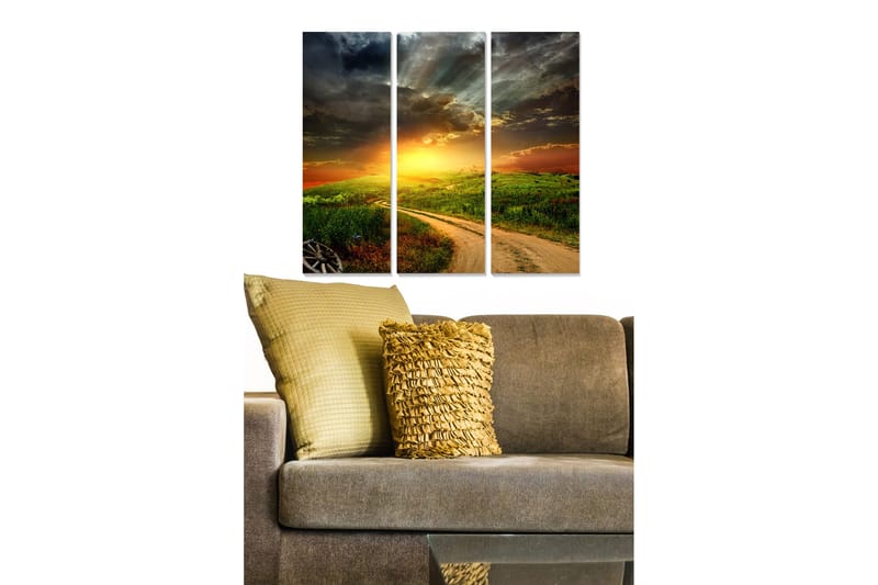 Canvastavla i trä 3-delar 50x70 cm - Vacker landskapsvy med solnedgång över en grön kulle och en slingrande väg, Grön / Orange / Blå
