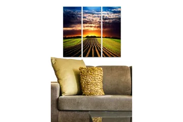 Canvastavla i trä 3-delar 50x70 cm - Vacker landskapsvy med solnedgång över fält - Grön / Orange / Blå - Inredning - Tavlor & posters - Canvastavla