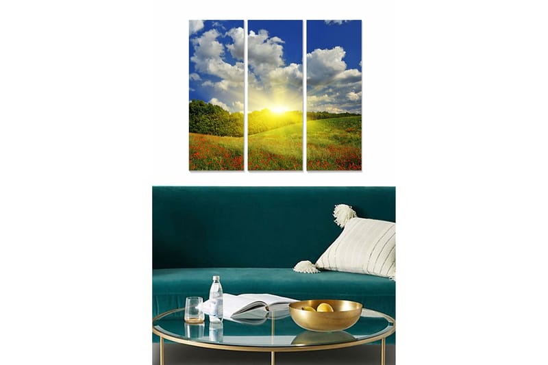 Canvastavla i trä 3-delar 50x70 cm - Vacker landskapsvy med soluppgång över en blomstrande äng, Blå / Grön / Gul