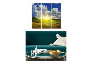 Canvastavla i trä 3-delar 50x70 cm - Vacker landskapsvy med soluppgång över en blomstrande äng - Blå / Grön / Gul - Inredning - Tavlor & posters - Canvastavla